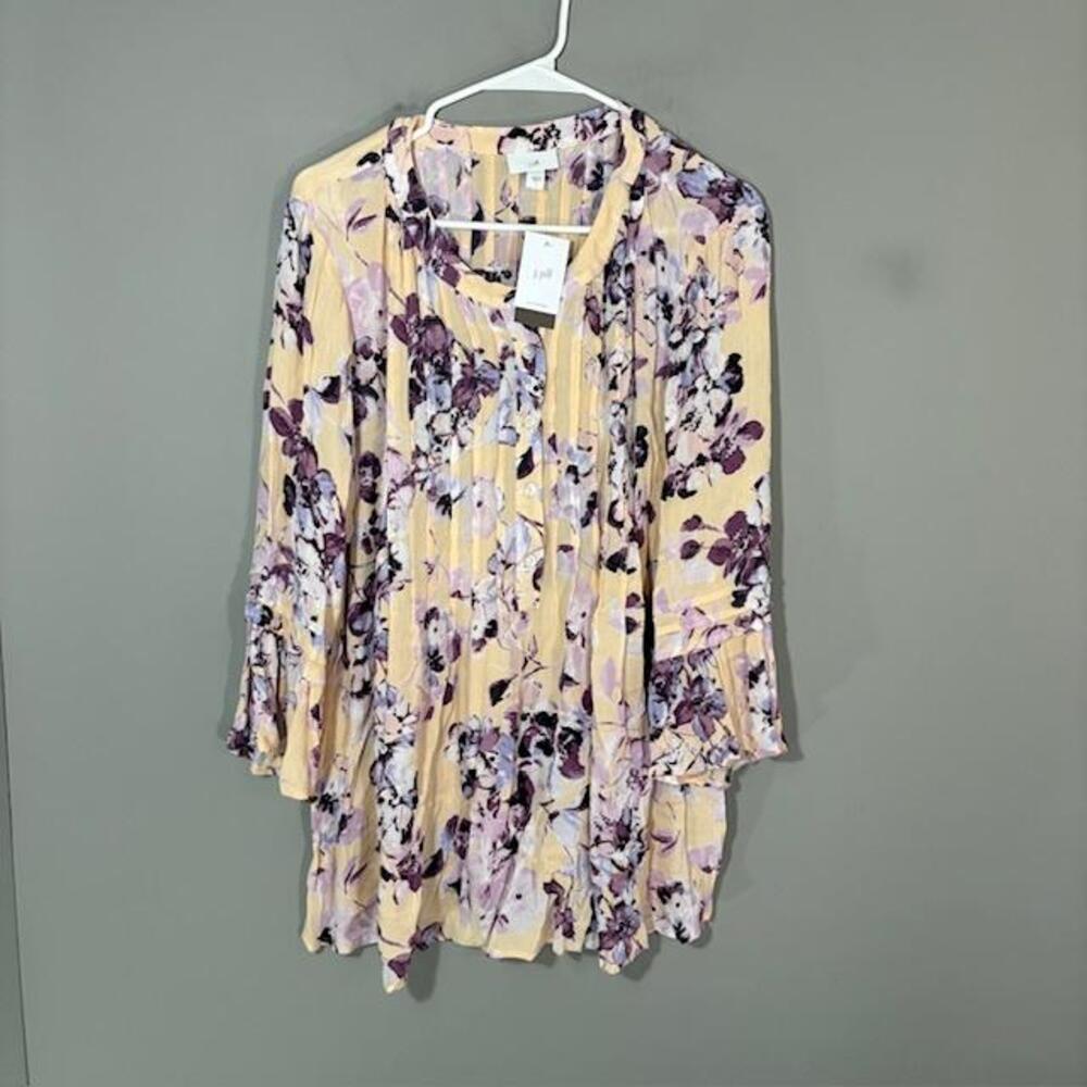 J. Jill Blouse Womens Large Multicolor Floral Button 3/4 Bell Sleeve Tunic Top
